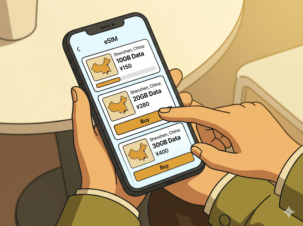 Choosing an eSIM data plan in the app โ selecting a Shenzhen China package