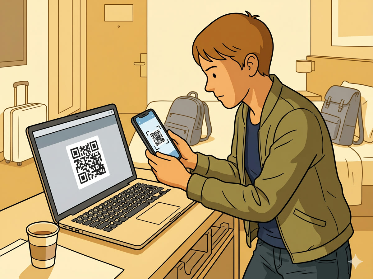 Scanning the eSIM QR code with your phone in a hotel room before crossing into China